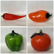 Murano Style Hand Blown Glass Mango, Orange, Bell Pepper & Chili Pepper LOT