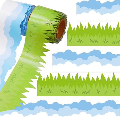 2 Rolls 65.6Ft Spring Bulletin Board Decoration Grass Clouds Bulletin Board Stri