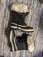 SOREL Girls Snow Boots Black/White Lace-Up Faux Fur Trim Mid-Calf US 7