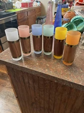 Vintage Set 6 Colorful Tiki Drinking Glasses W/ Walnut Wood Grip And Gold Trim