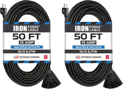 50 Ft Black Extension Cord 2 Pack - 3 Outlets, Weatherproof for Outdoor Use