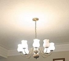 8 Arm Antique Brass Chandelier Ceiling Light. Tulip Shades. Used. Vintage. Good.