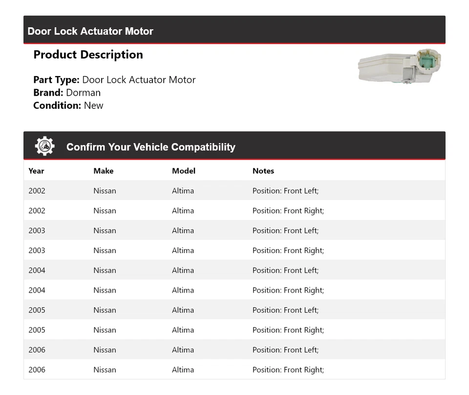 For 2002-2006 Nissan Altima Dorman Door Lock Actuator Motor 2003 2004 2005 - Image 2 of 4