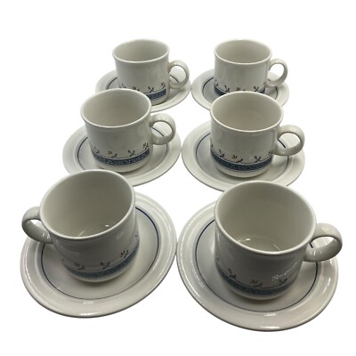 6 Vintage Coloroll Staffordshire Biltons Teetassen & Untertassen blau weiß rot 80er