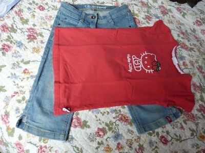 Pantacourt Jean 8-10 ans ESPRIT top fille Hello Kitty fraises - Photo 1/2