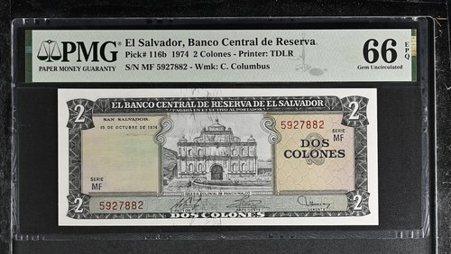 EL SALVADOR 2 COLONES 1974 SERIE MF p116b PMG 66 GEM UNC EPQ ONLY TWO HIGHER