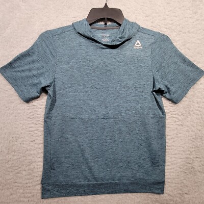 Reebok Active Shirt Womens Large 12-14 Teal Heather Hooded Short Sleeve Pockets