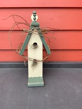 Vintage Primitive Style Indoor Wood Bird House Decor with Grape Vine, 16” H