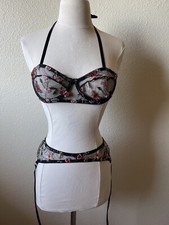 lingerie two piece sheer black lace floral embroidery bra  garter belt set
