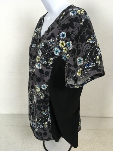 Cherokee Womens Scrub Top Size L Black Gray w Blue White Green Flowers Pockets - Picture 5 of 11