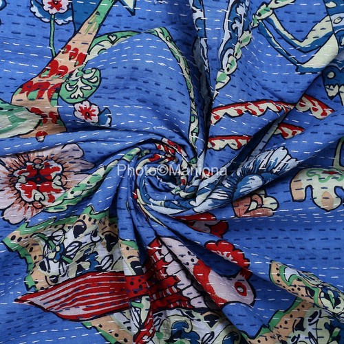 Indian Kantha Quilt Peacock Print Blue Cotton king size Bedspread Throw Blanket - Picture 4 of 5