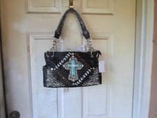 Western Rhinestone Cross Accent Handbag with Wallet Black 14" X 8"