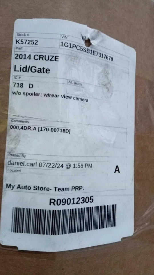 Chevrolet Cruze 2014 tapa de cubierta negra fabricante de equipos originales usado 116 k millas K57252 Foto 2 de 3