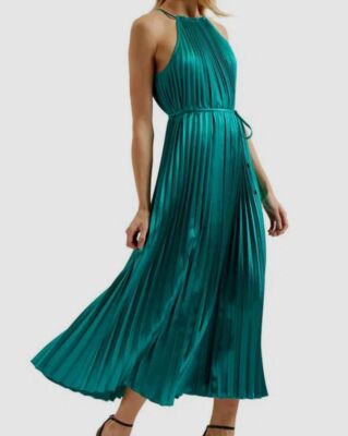Ted Baker Women's Green Pleated Halter Neck MIDI Dress Size 6