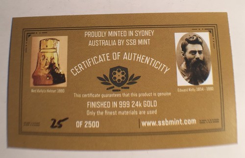 Rare 2016 "Ned Kelly" Helmet Ingot, 999 24k Gold Plated, Outlaw, Guns 27.1g - Picture 6 of 7