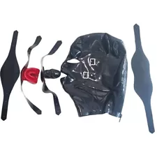 Full Face Latex Hood Back Zipper with Detachable Eyes Mouth Piece Rubber Mask