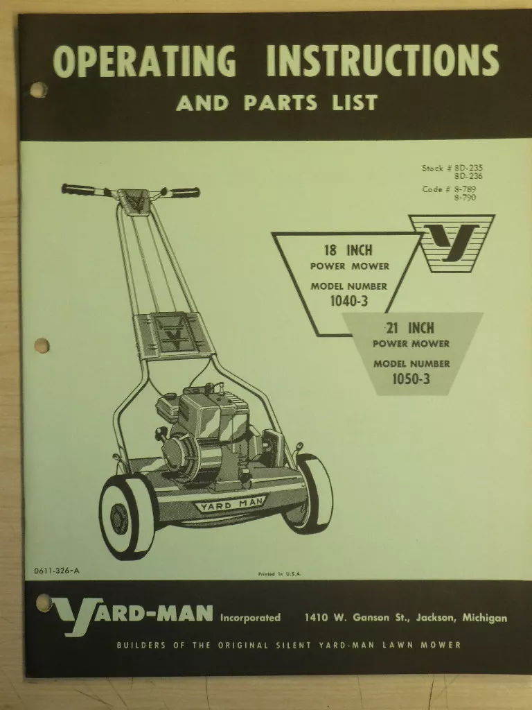 YARD-MAN 18, 21 POWER REEL MOWER OPERATING & PARTS MANUAL MODEL1040-3  1050-3