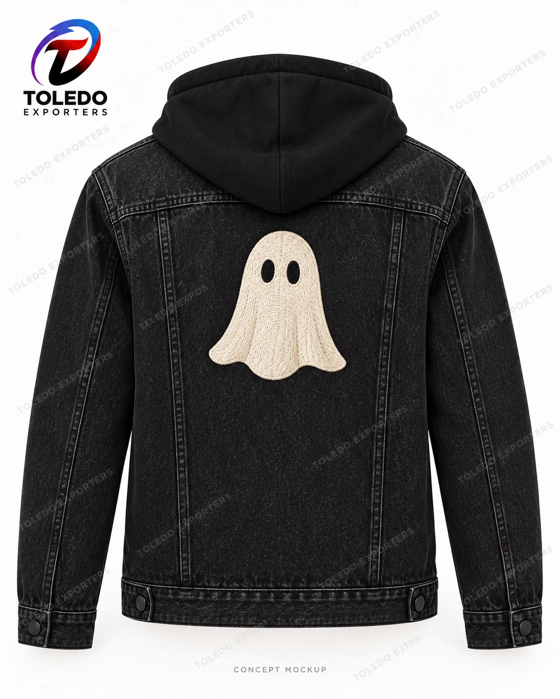 Black Hooded Ghost Denim Jacket with Orange Lining and Halloween Embroidery image 3