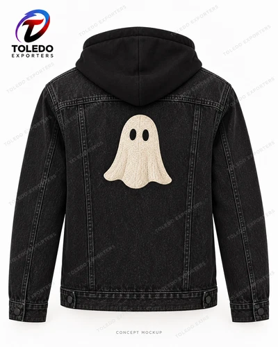 Black Hooded Ghost Denim Jacket with Orange Lining and Halloween Embroidery image 3