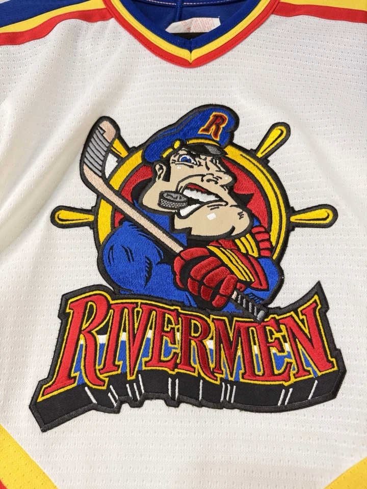 Camisa/camiseta de hockey vintage Peoria Rivermen blanca para niños grande XL hecha en EE. UU. Foto 3 de 4