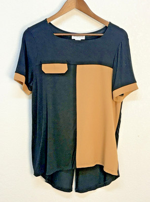 Peck & Peck Colorblock Top S Black Tan Short Sleeve Hi-Low Split Back