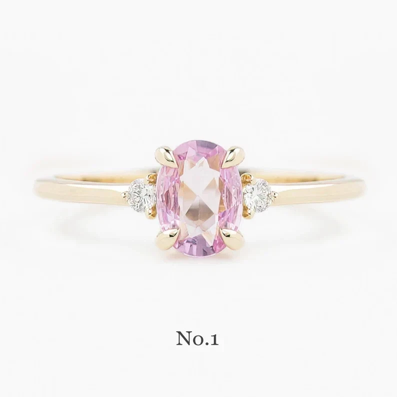 Anillo de boda de oro amarillo de 14 quilates con zafiro rosa natural y diamantes talla ovalada de 2,70 quilates 7 Foto 4 de 4