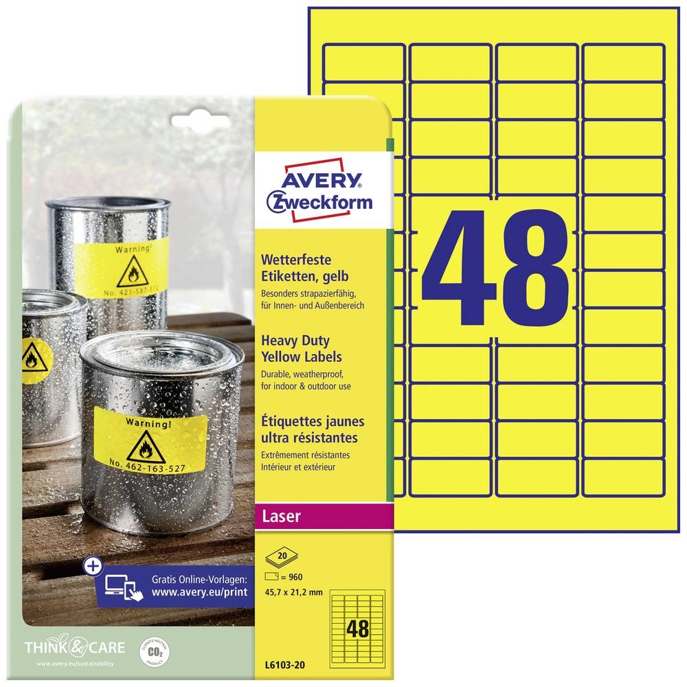 Etiquette plastique Avery L6103-20 en film de polyester jaune mat de 45.7 x 21.2 mm