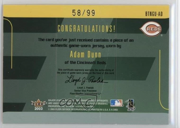 2003 EX Behind The Numbers Game-Used Patch /99 Adam Dunn #BTNGU-AD Patch - Image 2 of 2