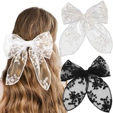 2Pcs Black White Lace Large Bow Hair Clips Cute Bowknot Barrettes Flower Embr...