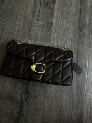 Coach Quilted Brown Shoulder Bag Solid Flap Rectangle Turn Lock Gold Chain