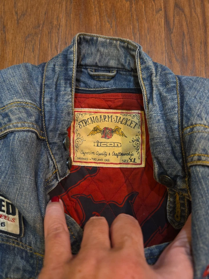 Chaqueta vaquera/cuero vintage Icon Motorsports manga fuerte azul para hombre talla XL Foto 4 de 4