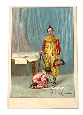Romanian Vintage Card Titled ''La Geometrie'' (In Geometry) w/ Clowns & Tools  *