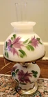 Vtg Hurricane Parlor Lamp Milk Glass Hand Painted Purple Clematis Floral 17.75"