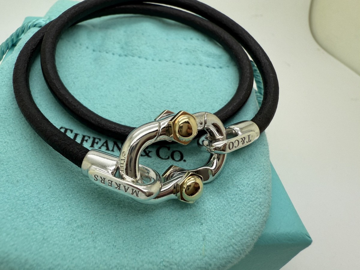 Tiffany Co Makers 1837 Sterling Silver 18K Gold Leather Cord Wrap