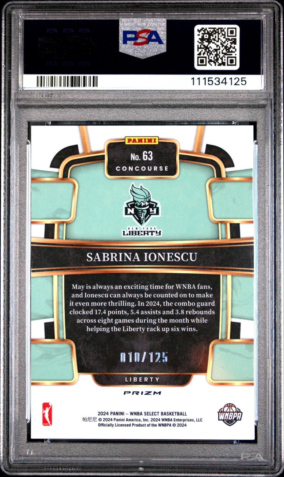 2024 Panini Select Wnba #63 Sabrina Ionescu Light Blue Disco /125 PSA 9 view 2