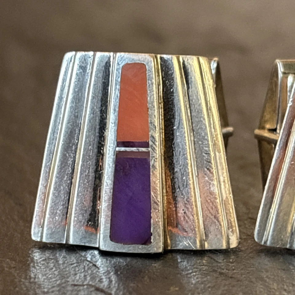 Gemelos Ray Tracey Navajo Vintage con incrustaciones al ras de plata de ley Charoite raros 31 Foto 3 de 4