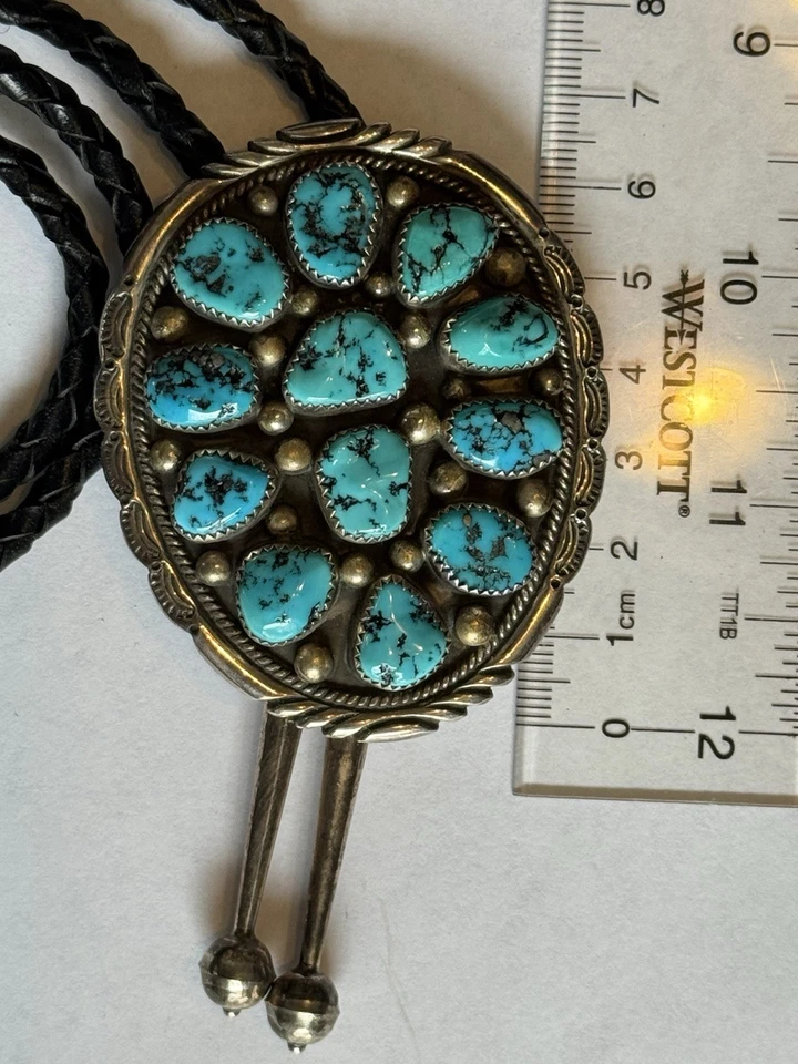 Винтажный галстук-боло из чистого серебра с бирюзой навахо Eddy Chaco — подписанный Eddy Chaco - Изображение 3 из 4