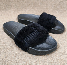 Fenty Puma Rihanna Slides UK 7 Black Faux Fur Leadcat Sliders Womens Sandals