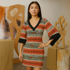 Trina Turk Silk Sheath Dress Womens Size 2 Tribal V-Neck Kaftan Sleeves Artsy