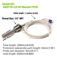 For RTD Pt100 Temperature Sensor Stainless Steel Probe 3 Wires 3mCable -50~200℃