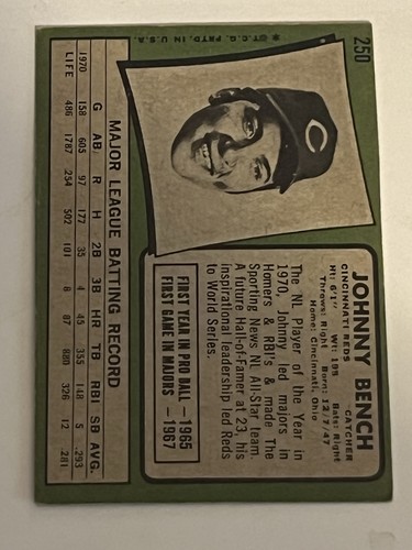 1971 Topps #250 Johnny Bench VG/EX - Picture 2 of 2