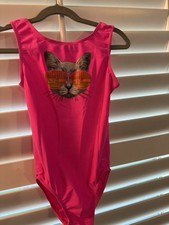 Destira GYMNASTICS dance LEOTARD Child Medium CM Kitty Cat with Sunglasses PINK