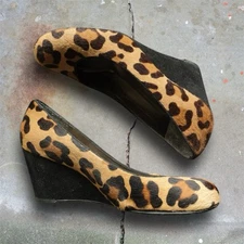 Stuart Weitzman Animal Print Pony Hair Wedge Pumps, Size 6.5M Spain Designer