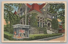 Kalamazoo MI~Public Library~Stone Bldg~Uncle Sam Points to Map Info Kiosk~Linen