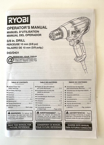 Ryobi 3/8 in Variable Speed Compact Drill Driver Corded With Bag Model D43K - Picture 6 of 8