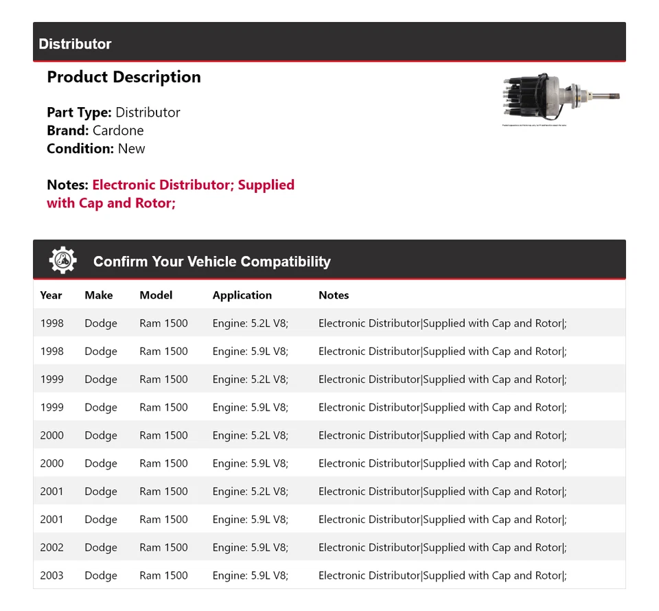 Dodge Ram 1500 1998-2003 distribuidor Cardone 1999 2000 2001 2002 Foto 2 de 4
