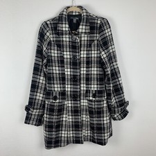 Poetry Women's M Black Ivory Brown Plaid Pea Trench Coat Jacket