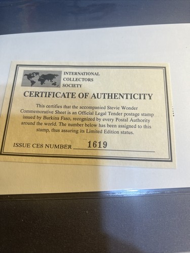 BURKINA FASO 1995 Stevie Wonder Block Stamp With COA - Picture 2 of 2