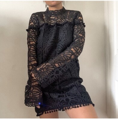 Tularosa size XS black lace pom Pom hem long sleeve lace mini dress wedding  | eBay