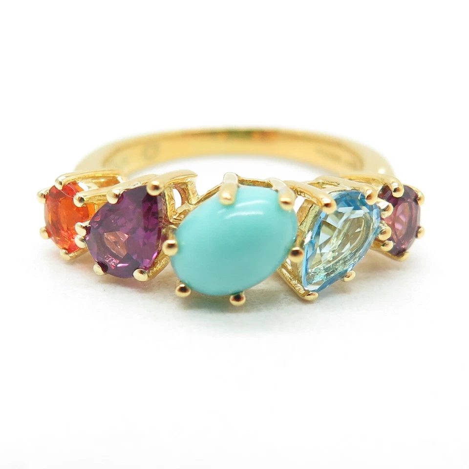 925 Sterling Silver Gold Plated Turquoise Opal Topaz Tourmaline Ring Size 5.25 - Image 3 of 4